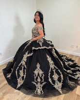 Black Tulle Ball Gown Off-Shoulder Lace Applique Princess Dress for Quinceanera & Sweet 16
